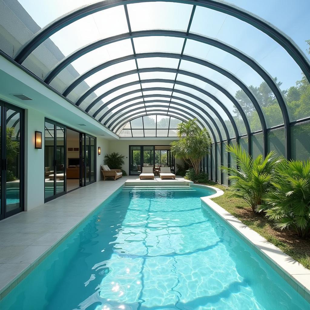 Mẫu mái che vòm bằng polycarbonate trong suốt cho hồ bơi biệt thự.
